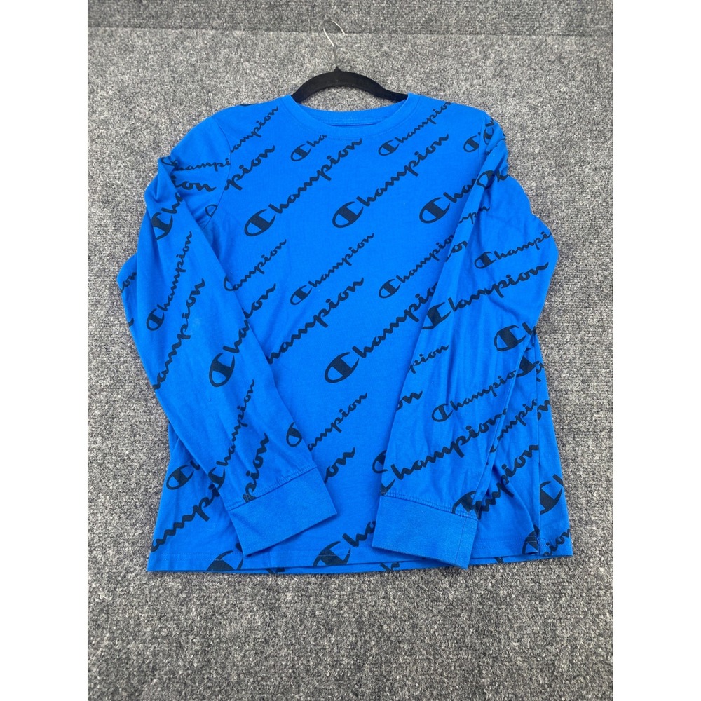 Champion Script Logo T-Shirt Long Sleeve Blue All Over Print Boys XL Youth Tee